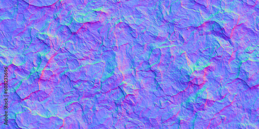 Poster Seamless slate slab rock face normal map background texture. Grunge rough stone or plaster wall pattern. Realistic 8k game and architecture design bump or height mapping material shader 3D rendering.