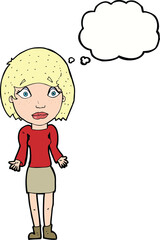 cartoon woman shrugging shoulders with thought bubble