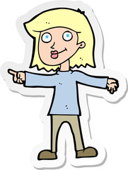 sticker of a cartoon happy woman pointing