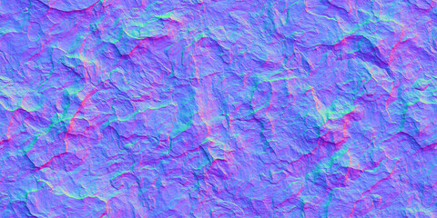 Seamless slate slab rock face normal map background texture. Grunge rough stone or plaster wall pattern. Realistic 8k game and architecture design bump or height mapping material shader 3D rendering.