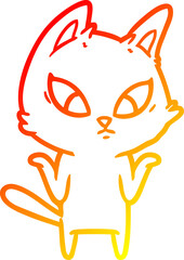 warm gradient line drawing of a confused cartoon cat shrugging shoulders