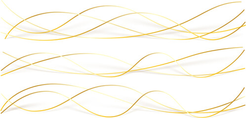 3d wavy gold lines swoosh on white background. Luxury beauty thin curves, swirl as stream flow pattern. Soft geometric shapes as silk fiber or fablic shiny decoration.