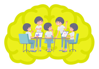 脳内会議をするTシャツマッシュヘア女性のセット