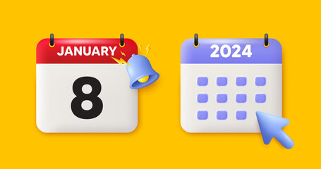 8th day of the month icon. Calendar date 3d icon. Event schedule date. Meeting appointment time. 8th day of January month. Calendar event reminder date. Vector
