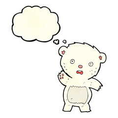 cartoon waving polar bear cub with thought bubble