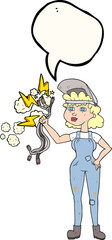 freehand drawn speech bubble cartoon electrician woman