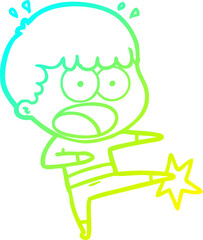 cold gradient line drawing of a cartoon boy karate kicking