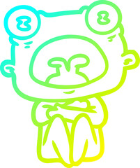 cold gradient line drawing of a cartoon weird alien huddled up