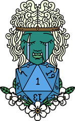 Retro Tattoo Style sad orc barbarian character face with natural one d20 roll