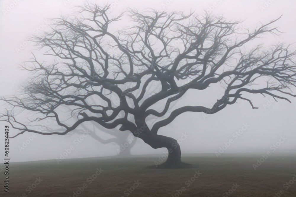 Poster lonely bare tree in the fog generative ai