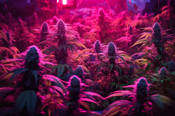 Fototapeta na wymiar growing cannabis under purple led light , blooming marijuana buds generative ai