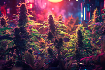 Obraz na płótnie Canvas growing cannabis under purple led light , blooming marijuana buds generative ai