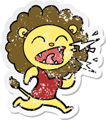 distressed sticker of a cartoon roaring lion