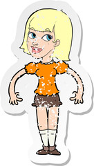 retro distressed sticker of a cartoon woman shrugging shoulders