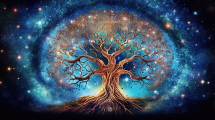 Enter the realm of the timeless Tree of Life, a celestial bridge that connects heaven and earth. Its sprawling branches symbolize aspirations and dreams. Generated by AI. - obrazy, fototapety, plakaty