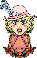 Retro Tattoo Style elf bard character with natural twenty dice roll