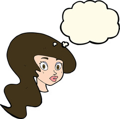 cartoon pretty female face with thought bubble