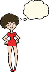 cartoon happy woman with hands on hips with thought bubble