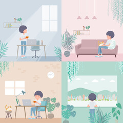 部屋でくつろぐTシャツマッシュヘア女性のセット