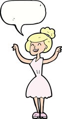 cartoon woman with raised arms with speech bubble