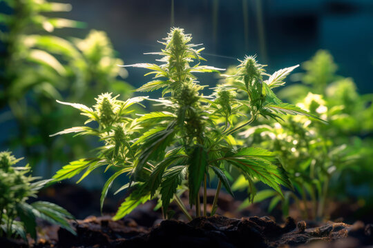 young autoflowering cannabis bush under the sun generative ai