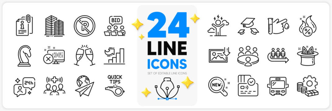 Icons set of No parking, Online auction and New products line icons pack for app with Medical staff, Money, Marketing strategy thin outline icon. Paper plane, Reject access. Vector