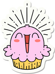 sticker of a tattoo style happy singing cupcake