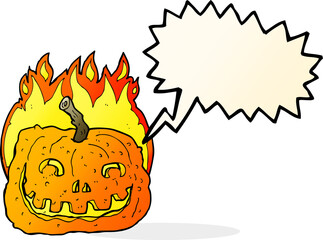 cartoon burning pumpkin with speech bubble
