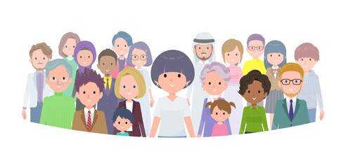 大勢の前に立つTシャツマッシュヘア女性のセット