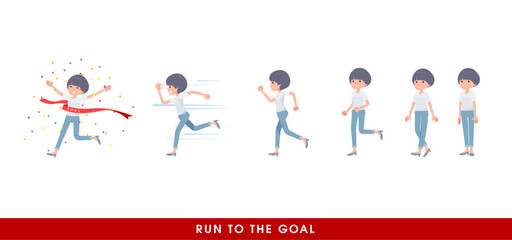 走り出すTシャツマッシュヘア女性のセット