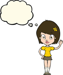 cartoon pretty girl waving with thought bubble