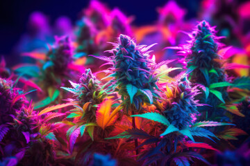 growing cannabis buds in led light beams generative ai