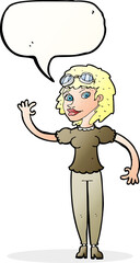 cartoon pilot woman waving with speech bubble