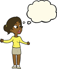 cartoon pretty woman explaining something with thought bubble