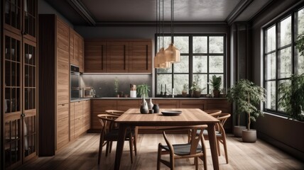 Modern kitchen and dining area japandi style. Natural wood floor, kitchen facades, dining table and chairs, wicker lampshades, plants. Large panoramic windows with garden view. Generative AI
