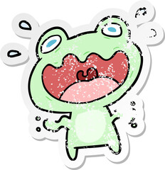 distressed sticker of a cartoon frog frightened