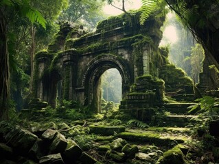 ancient archaeological ruins in jungle, generative ai