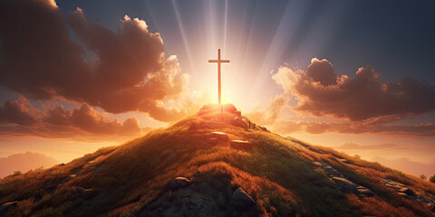 Cross on the top of mountain. The cross of God in the rays of the sun. Religious concept