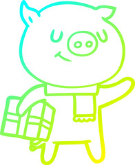 cold gradient line drawing of a happy cartoon pig with christmas present