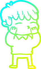 cold gradient line drawing of a cartoon curious boy
