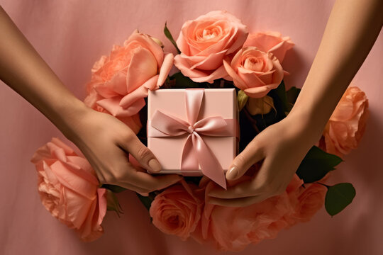 girl holding a pink gift box generative ai