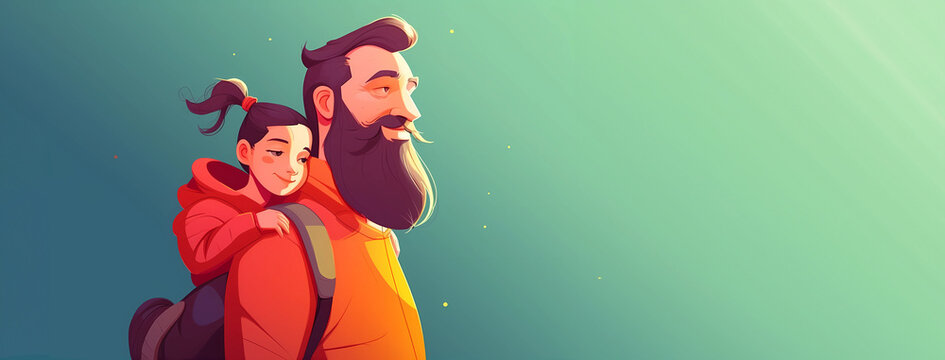 Illustration of father with his little daughter on expedition. Concept of Father's day, fathers love, relationships between dad and child. Created with Generative AI technology.