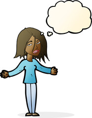 cartoon woman shrugging shoulders with thought bubble