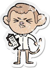 distressed sticker of a cartoon annoyed monkey