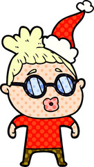 hand drawn comic book style illustration of a woman wearing spectacles wearing santa hat