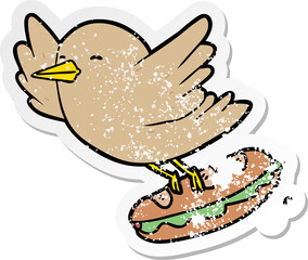 distressed sticker of a cartoon bird stealing sandwich