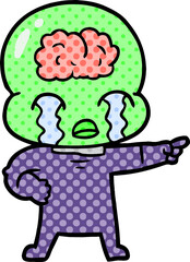 cartoon big brain alien crying and pointing