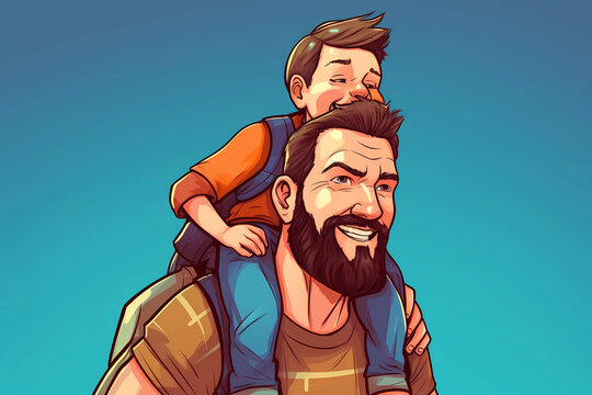 Illustration of father carrying his little son on shoulders. Concept of Father's day, fathers love, relationships between dad and child. Created with Generative AI technology.