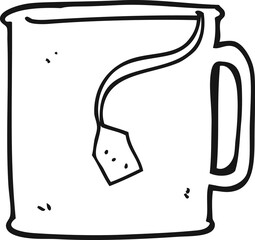 freehand drawn black and white cartoon mug of tea