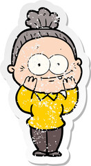distressed sticker of a cartoon happy old woman